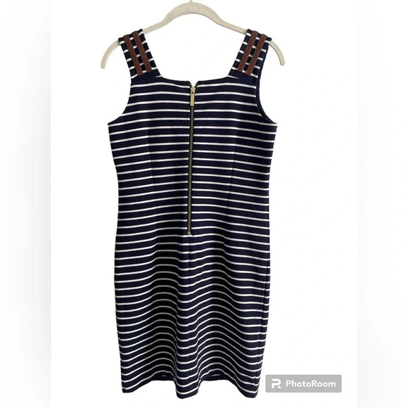 MICHAEL Kors  Coastal Navy White Striped Dress Leather Gold Buckles Small - Picture 4 of 15